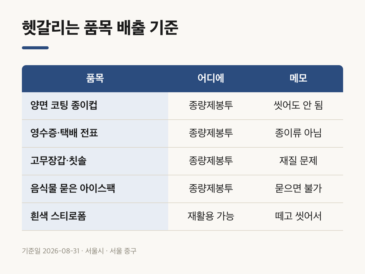 코팅 종이컵과 영수증 등 종량제봉투로 가는 품목 비교표