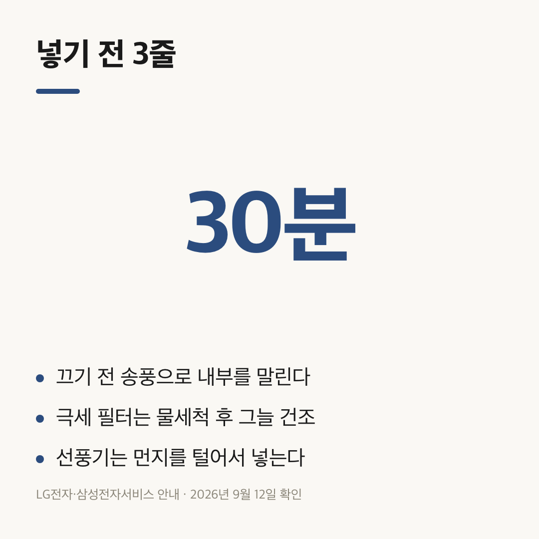 송풍 30분, 극세 필터 그늘 건조, 선풍기 먼지 제거 세 줄 요약