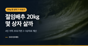 절인 배추 잎 위에 절임배추 20kg 몇포기와 4인 가족 2~3상자 계산을 얹은 대표 카드